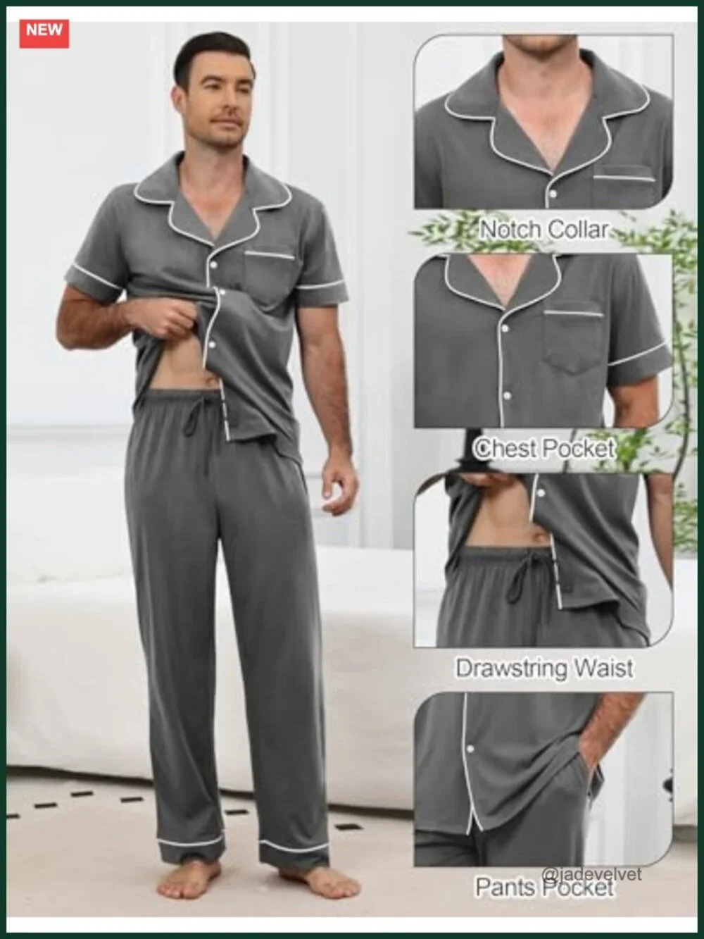 Men's Pajama Set Cotton Short Sleeve Button Down Lounge Set with Pockets
